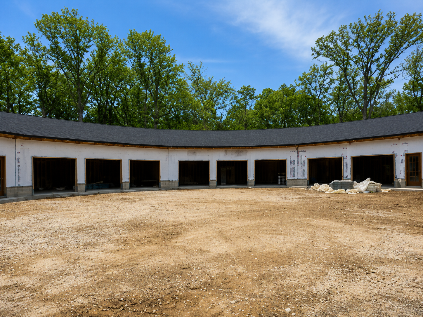 Curved commercial building with multiple garage doors under construction